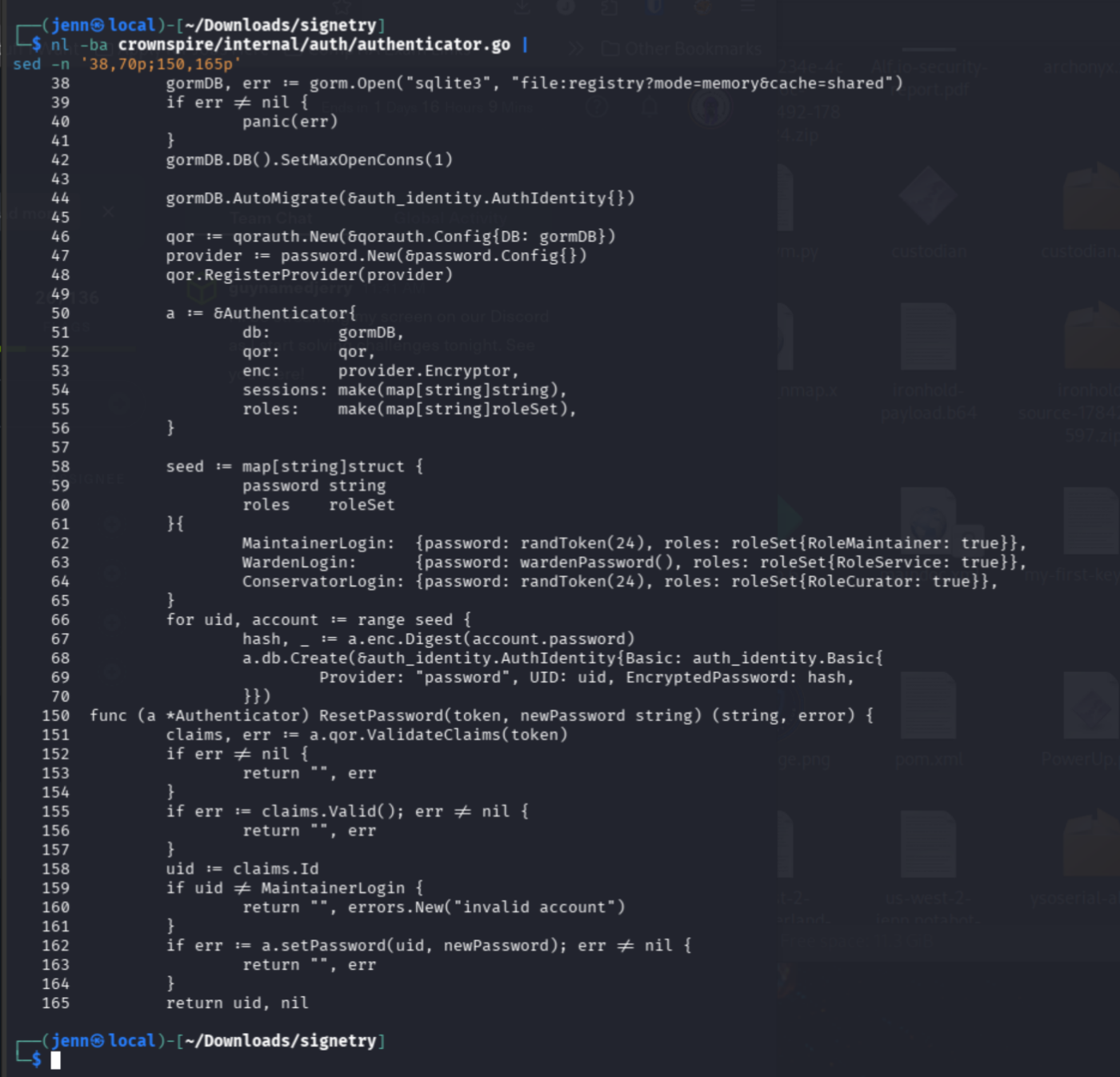 Go authenticator showing empty HMAC key and reset handler trusting JWT jti